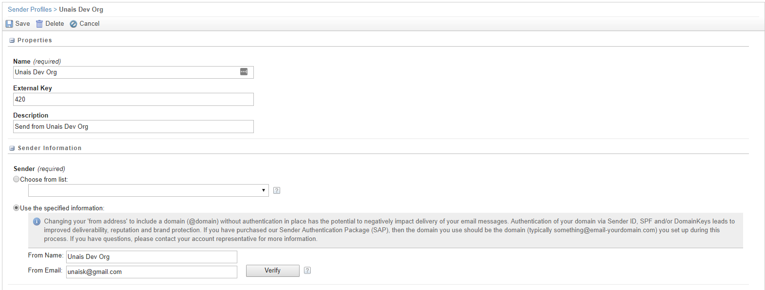 Verify option in Sender Profile for From Email Address